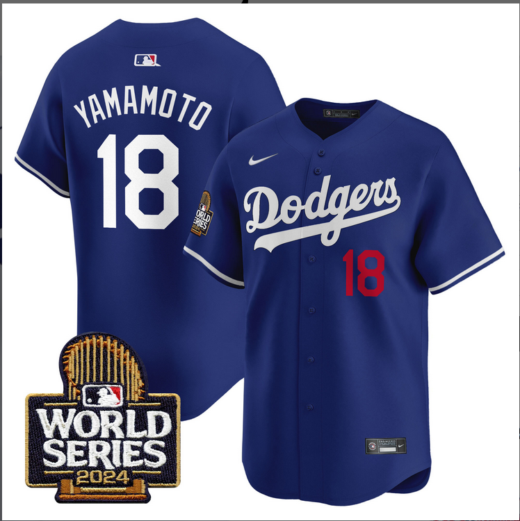 Men MLB Los Angeles Dodgers #18 Yamamoto blue 2024 World Series Champions Patch Limited Jersey20241105 style 1